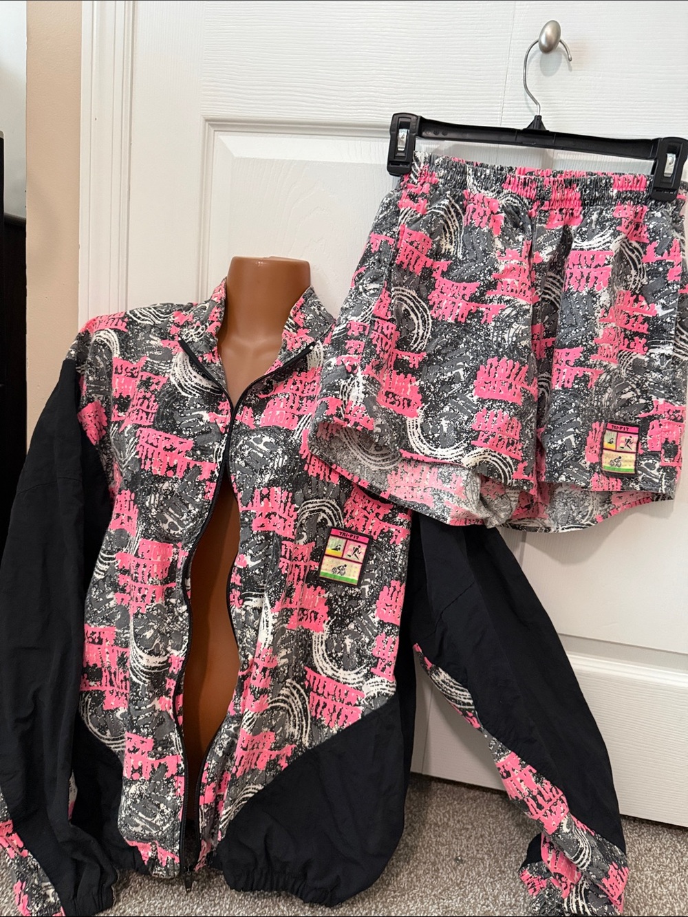 Tri-Fit Sportswear Neon Pink & Black Athletic Jacket and Matching Shorts.